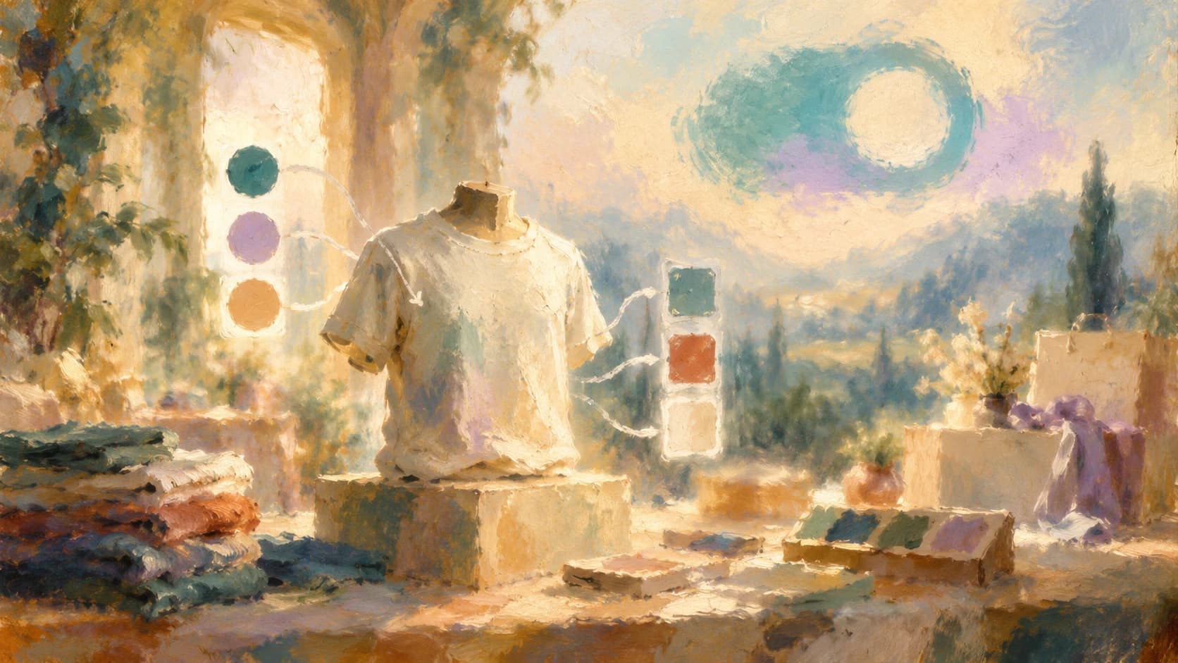 An impressionist painting of a cream T-shirt on a dress form in a sunlit workshop, with color swatches linked to it by flowing lines, folded fabrics on the table, and a soft teal and lavender swirl in the sky.