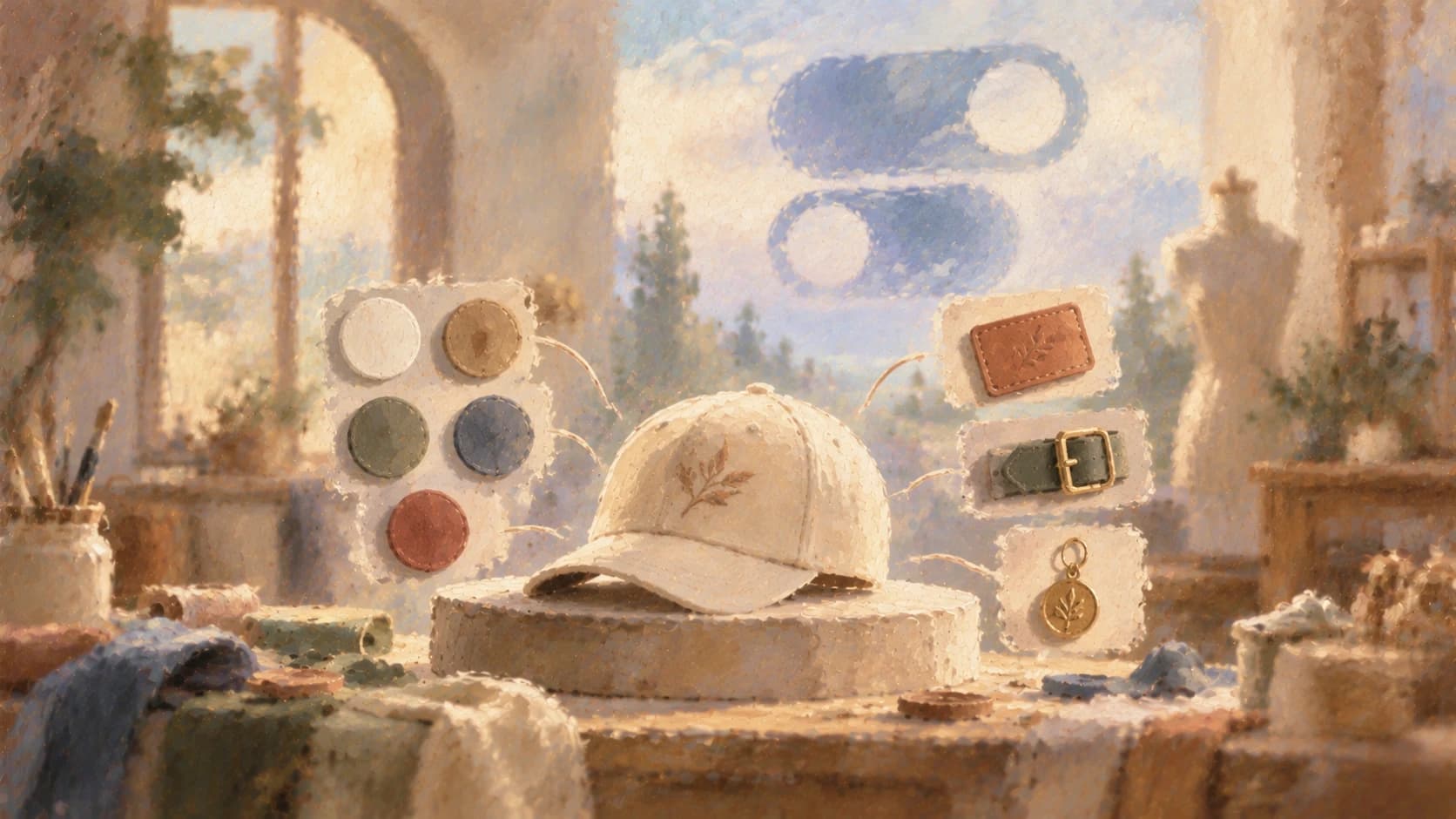 An impressionist painting of a cream baseball cap on a stone pedestal in a sunlit workshop, surrounded by color swatches, a leather patch, a strap buckle, and a charm, with two toggle switches in the sky.