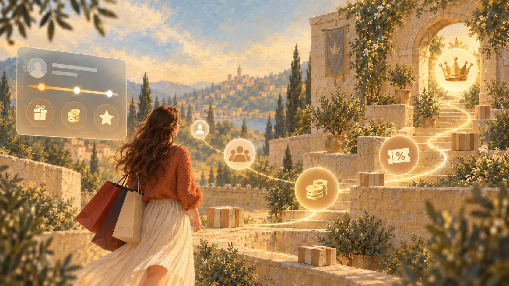 A blurred editorial painting of a shopper following branching reward paths toward a glowing gift