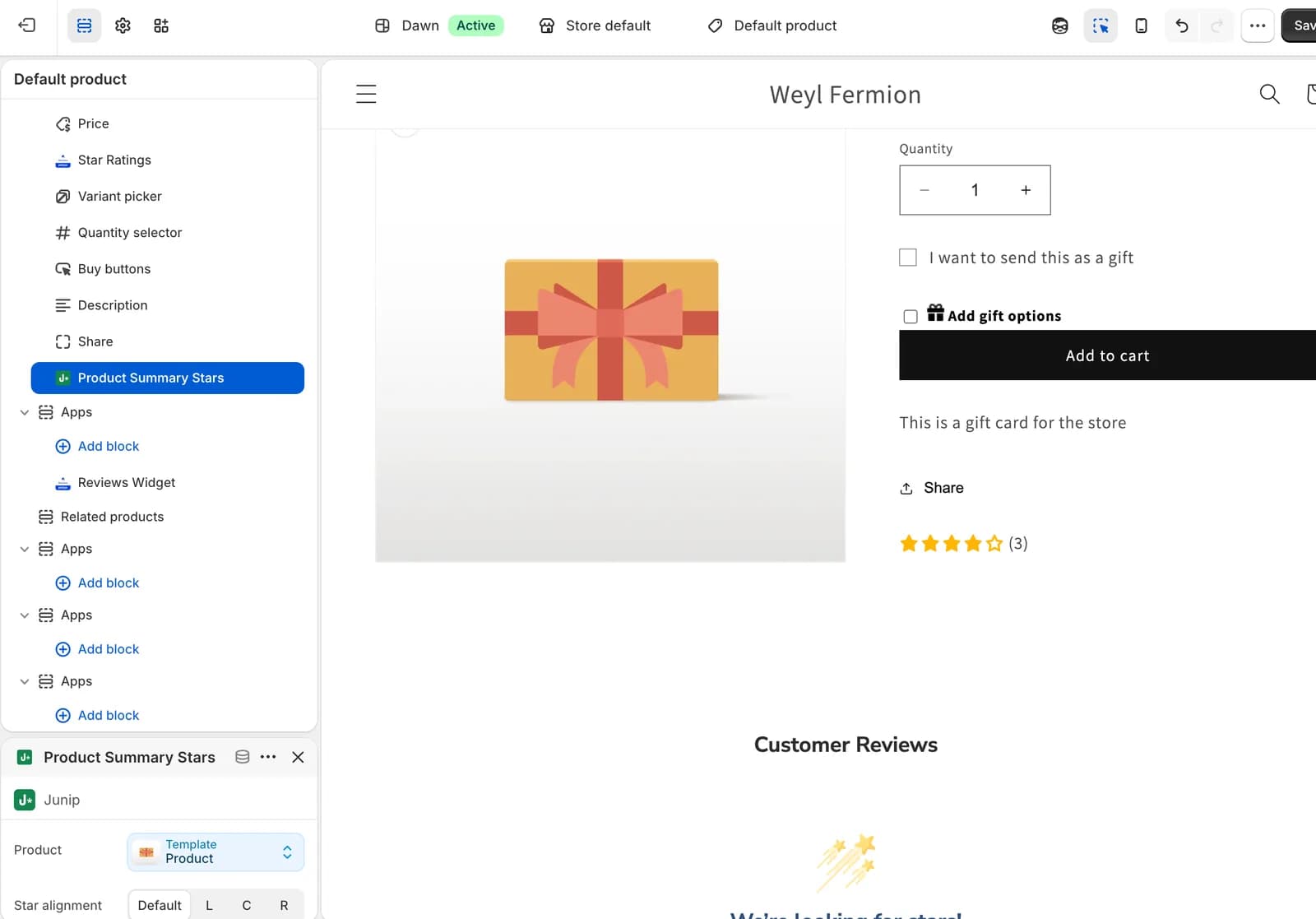 Shopify's Dawn theme editor with the Junip Product Summary Stars block added under Product information on the default product template, showing preview stars beside the product details and the block's product and star-alignment settings