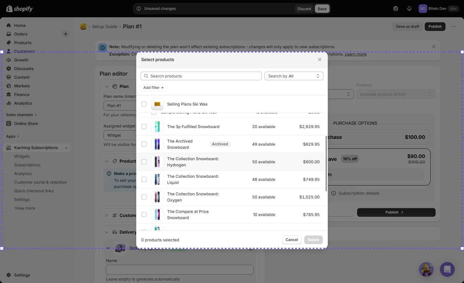Kaching Subscriptions product-search modal showing live inventory counts and prices for each product
