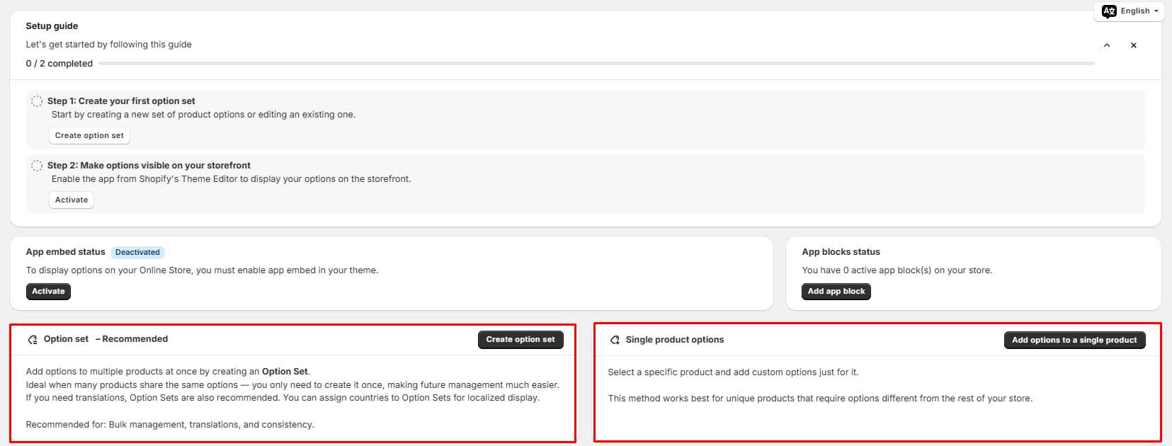 King Product Options dashboard with a two-step setup guide, app embed and app block status, Option set and Single product options cards, and video tutorials