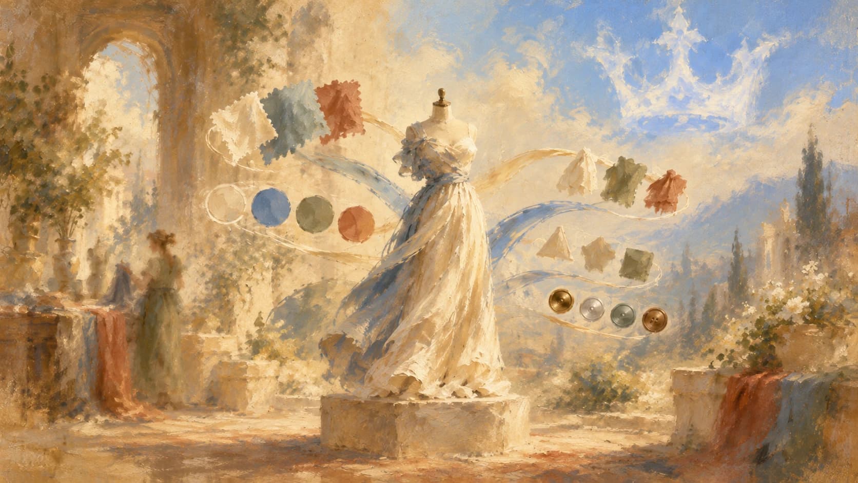 An impressionist painting of a cream gown on a dress form in a sunlit courtyard, with fabric swatches, color circles, and buttons swirling around it on ribbons and a pale crown shape in the sky.