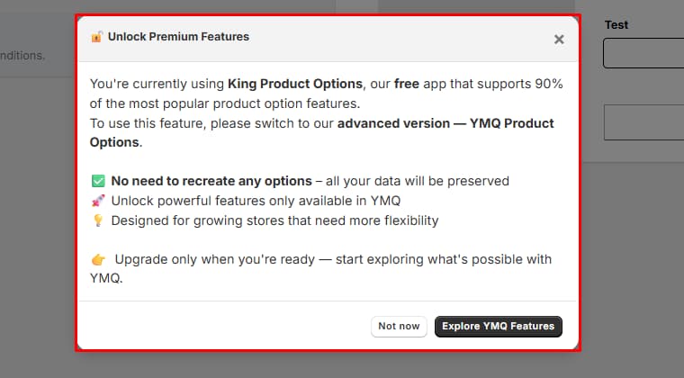 King Product Options Unlock Premium Features prompt explaining that the feature requires switching to YMQ Product Options
