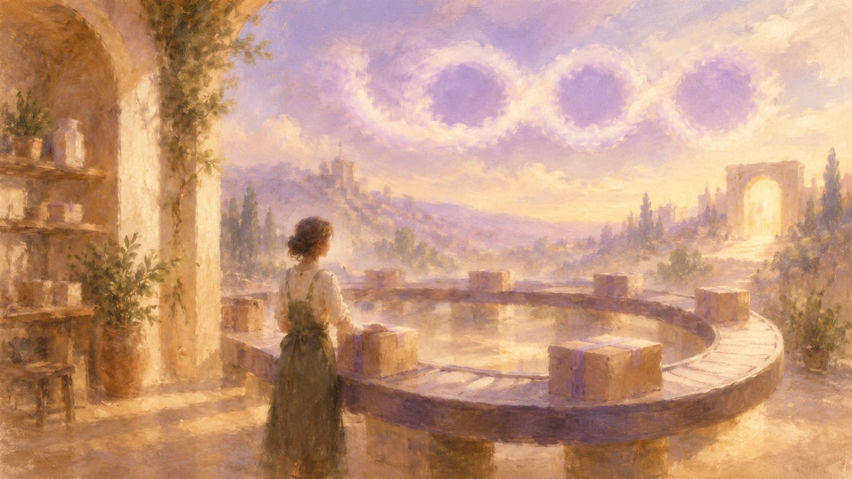 A repeating delivery route curving through a calm horizon, with one segment held behind a closed gate