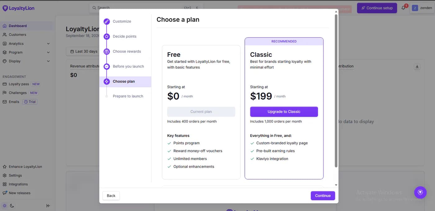 LoyaltyLion in-app plan selection showing the Free plan at zero dollars including 400 orders per month as the current plan, beside the recommended Classic plan at 199 dollars a month including 1,000 orders