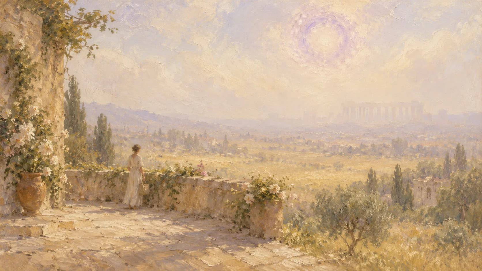 A hazy painterly figure standing at the low wall of a sunlit stone terrace, looking out over a long pale valley toward a distant colonnade dissolving into haze, beneath a soft violet ring-shaped sky emblem