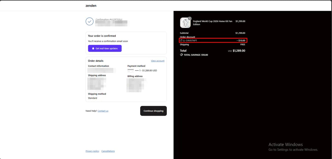 Shopify order confirmation showing a LoyaltyLion discount code applied as a 10 dollar order discount, a total of 1,289 dollars, and total savings of 10 dollars