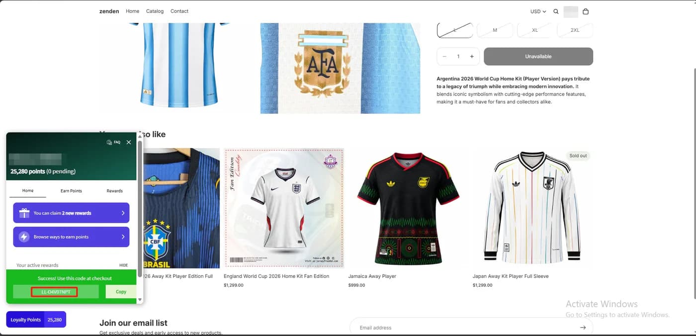LoyaltyLion widget showing a success message with a discount code to use at checkout and the balance reduced to 25,280 points