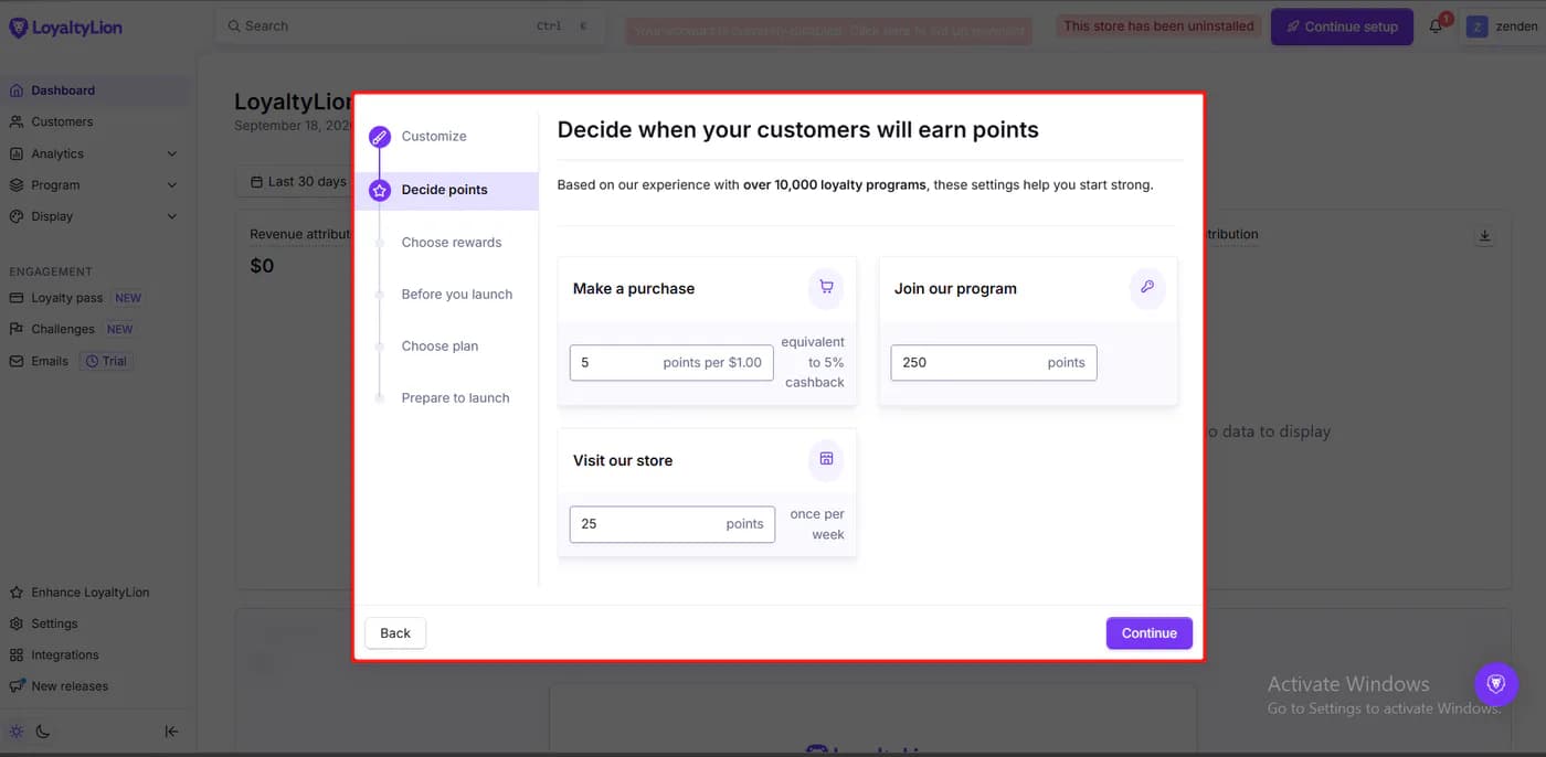 LoyaltyLion setup wizard step two, Decide when your customers will earn points, showing 5 points per dollar equivalent to 5 percent cashback, 250 points for joining the program, and 25 points for visiting the store once per week