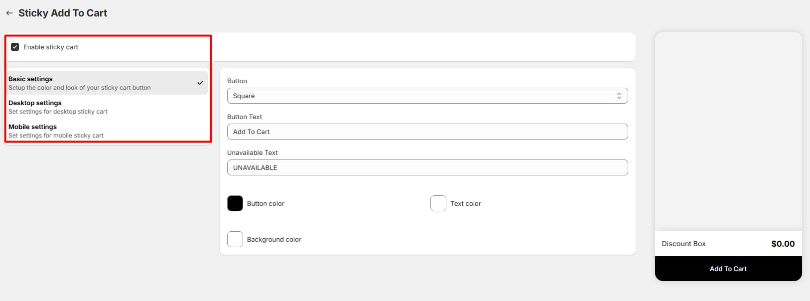 Monster Cart Sticky Add To Cart settings