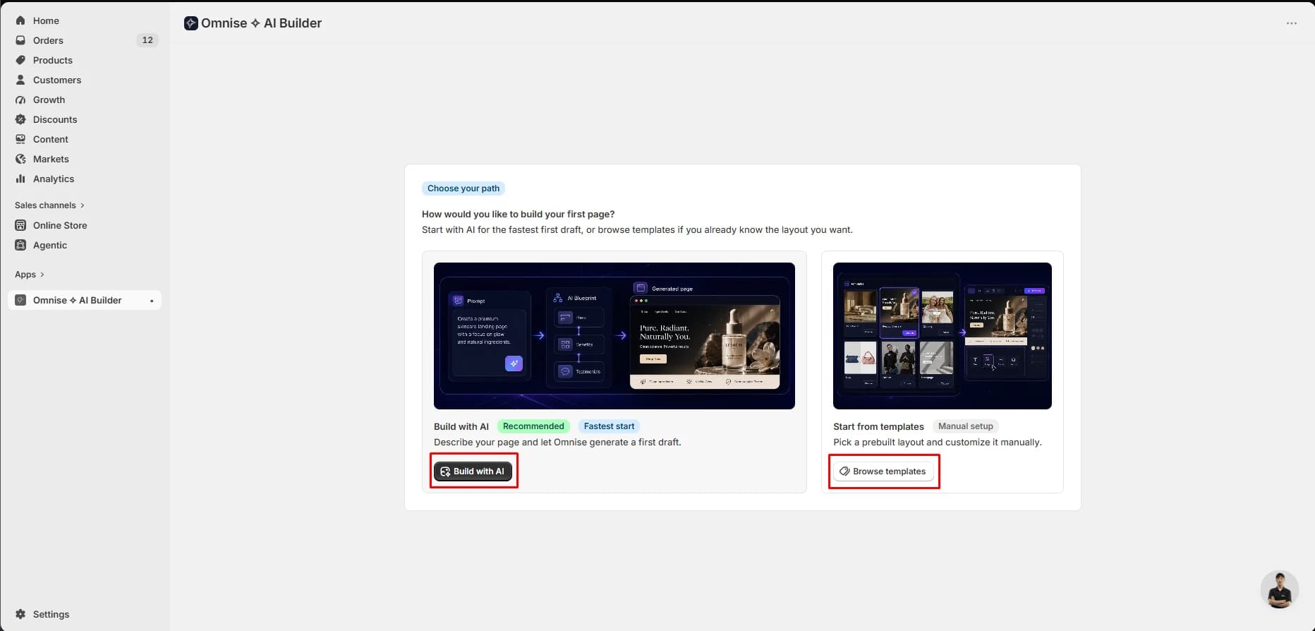 Omnise onboarding offering Build with AI marked Recommended and Fastest start beside Start from templates marked Manual setup