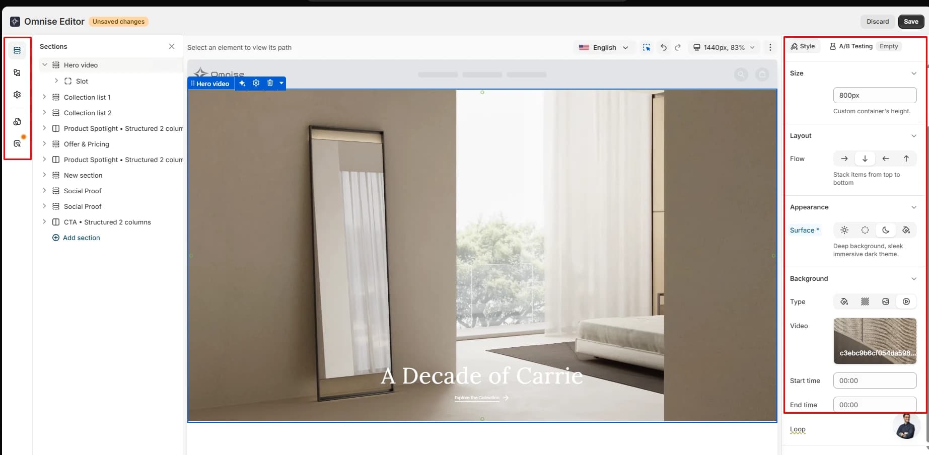 Omnise editor showing a template's section tree alongside size, layout, appearance and background video controls