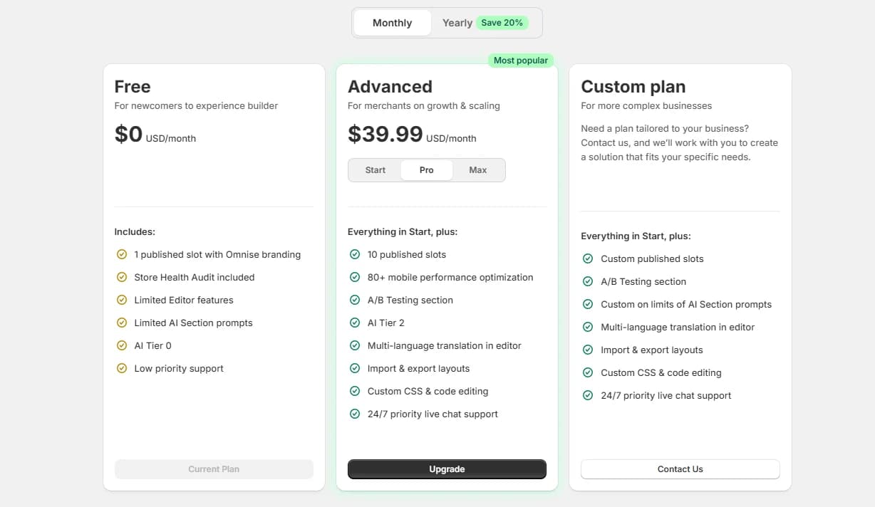 Omnise in-app pricing screen showing Free, Advanced at $39.99 per month, and a custom plan