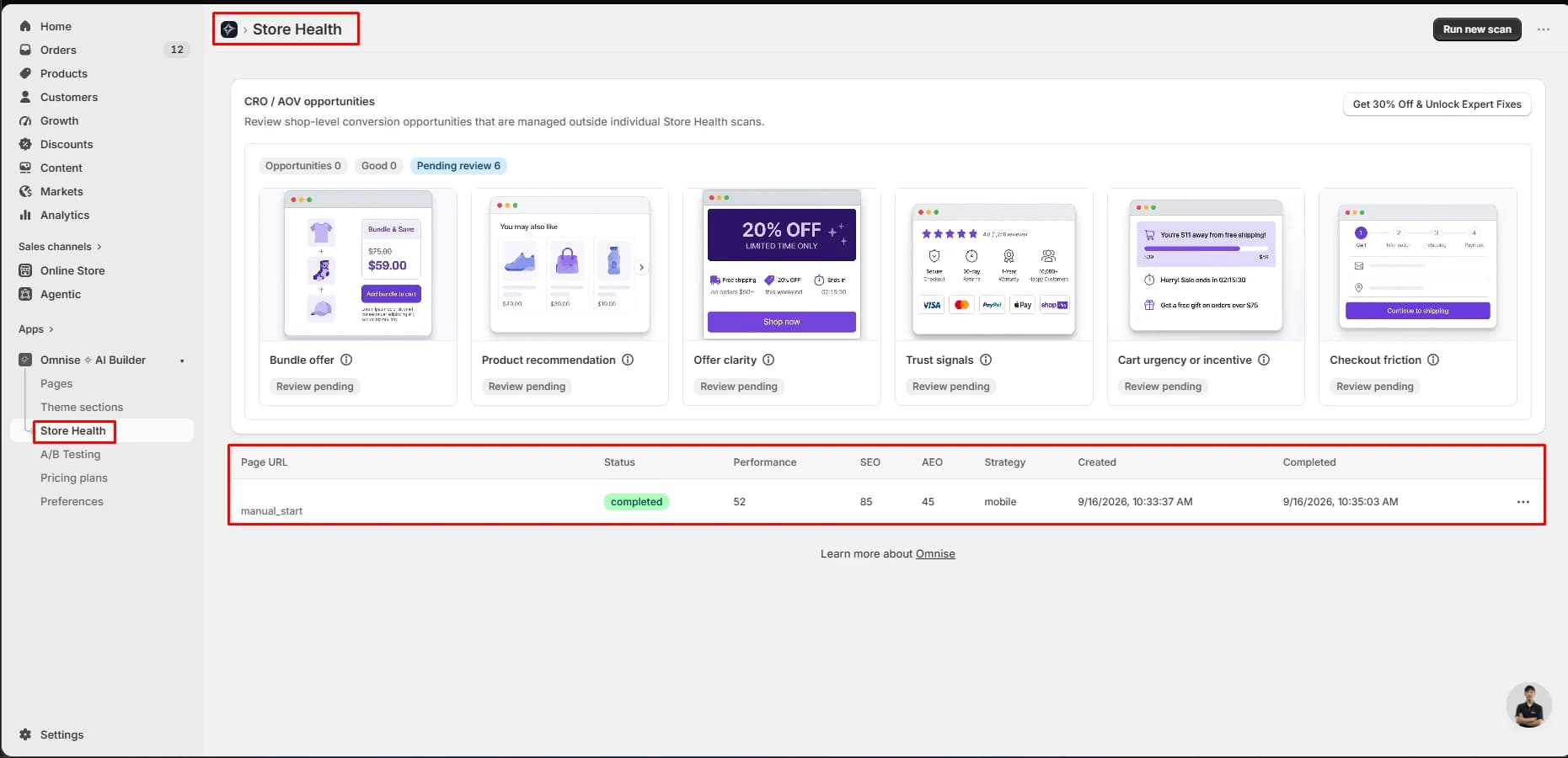 Omnise Store Health results showing performance, SEO and AEO scores above six CRO opportunities marked review pending