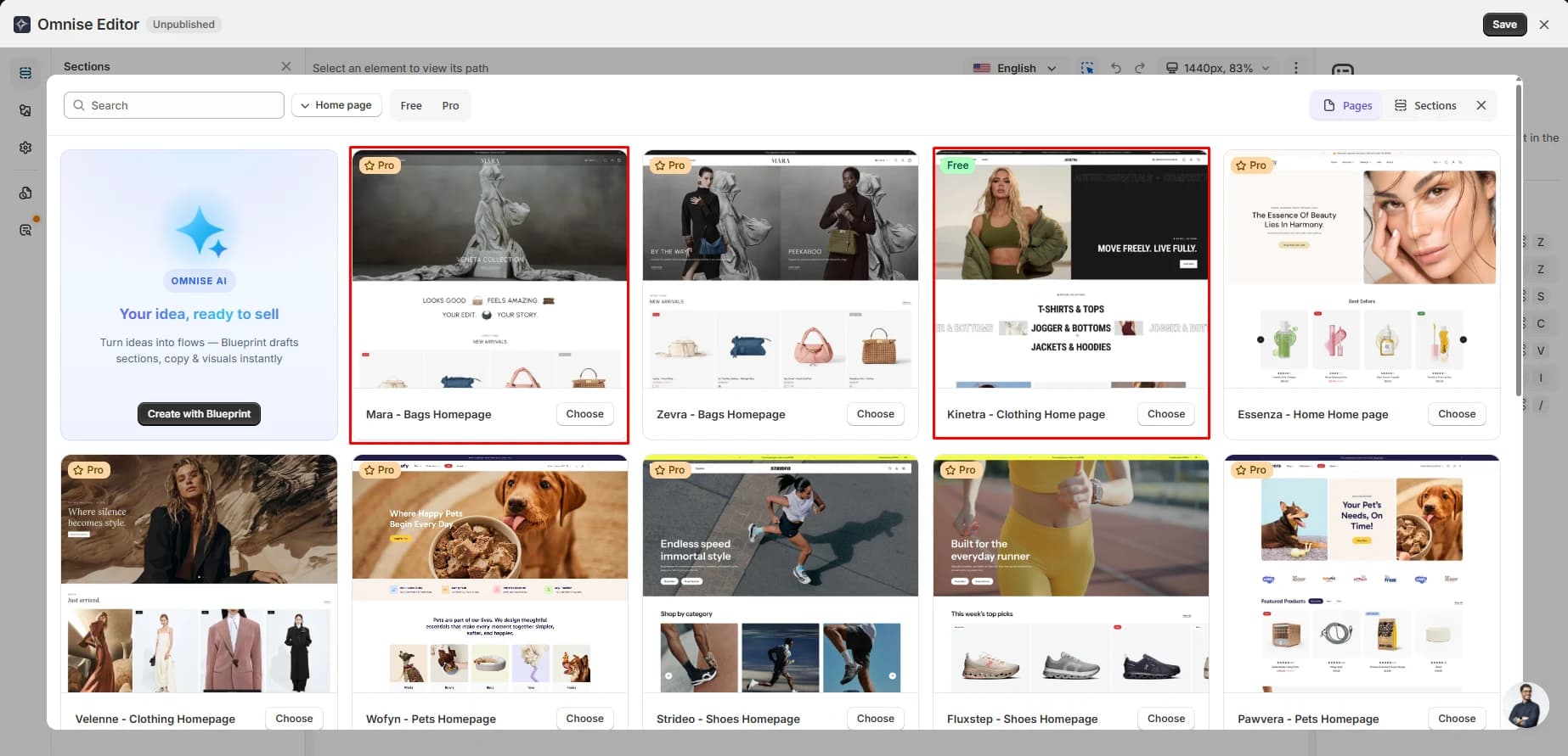 Omnise template library filtered to home pages showing one Free template among nine marked Pro