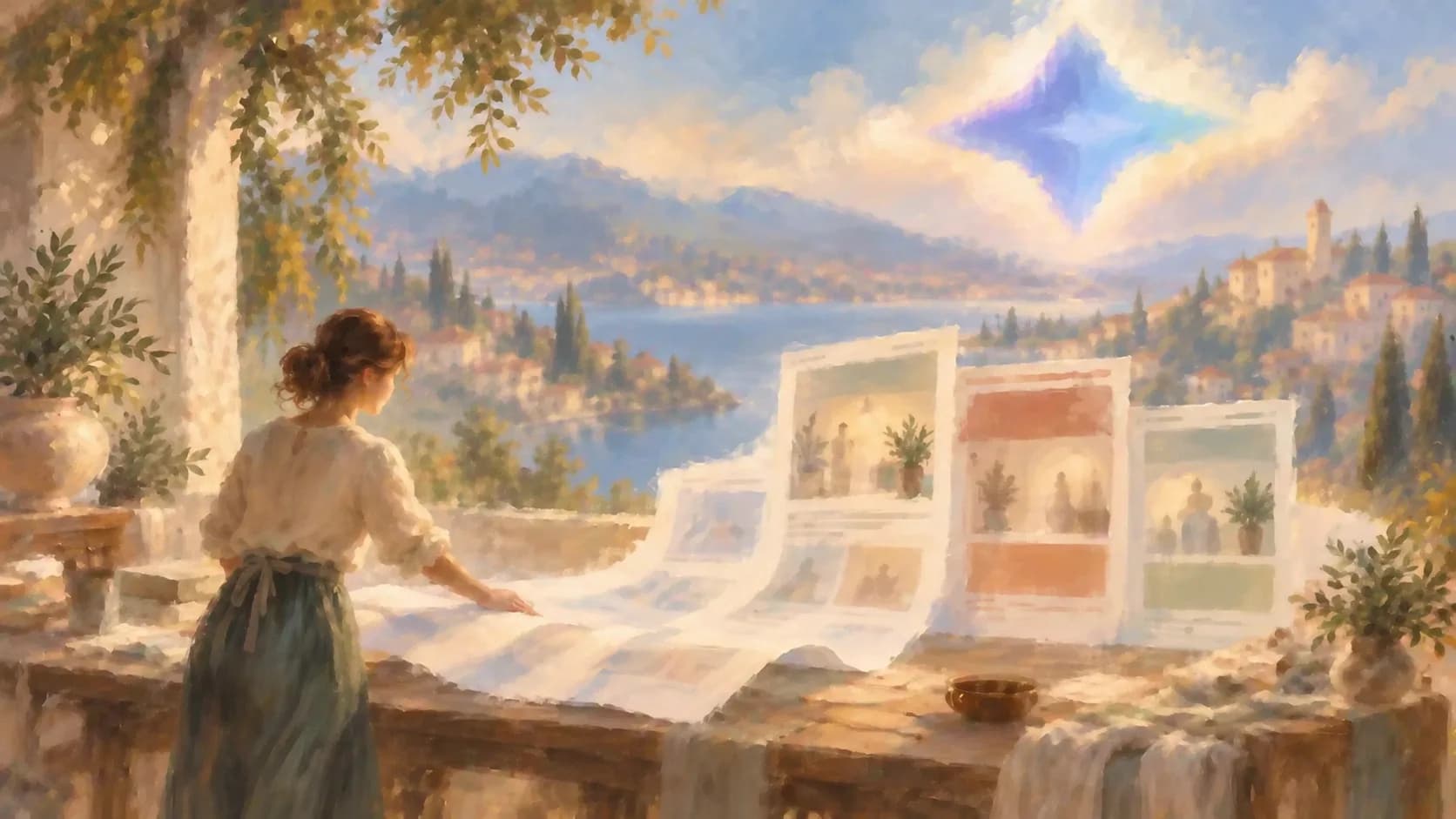 A merchant shaping soft page layouts into storefronts beneath an Omnise-inspired pastel sky emblem