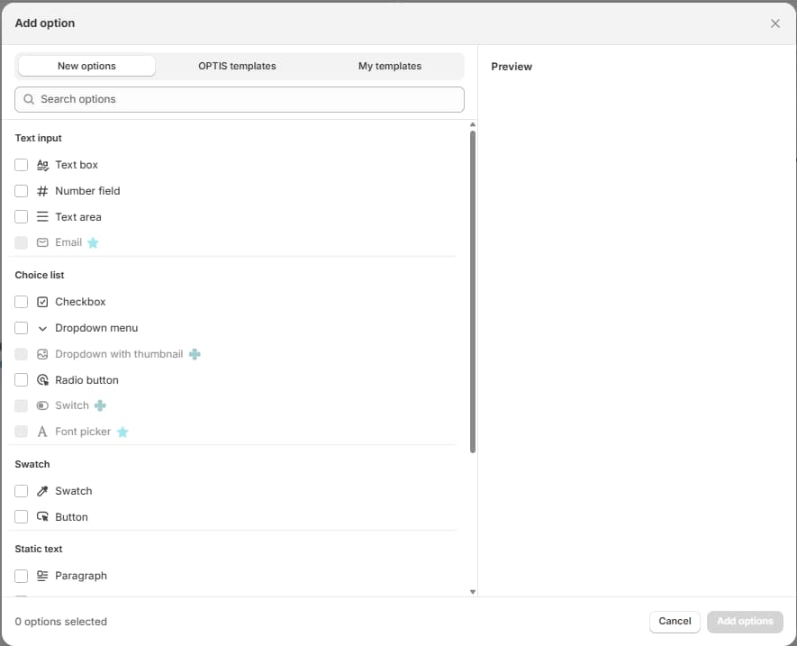 OPTIS Product Options Add option window listing text input, choice list, swatch, and static text option types, with some marked as paid
