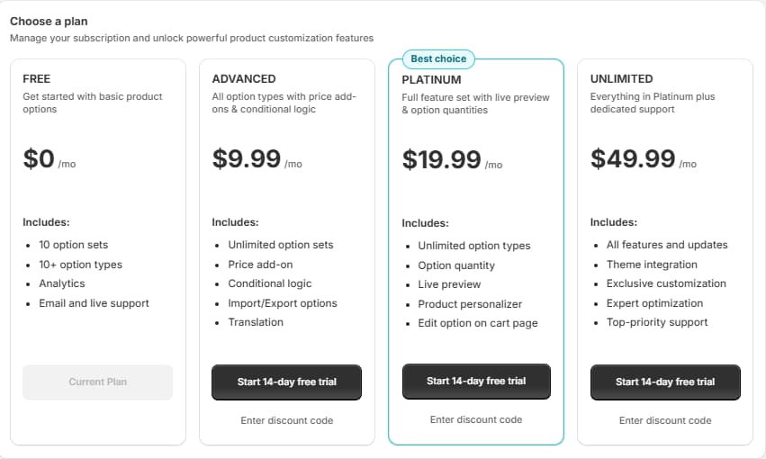 OPTIS Product Options plans: Free at $0, Advanced at $9.99, Platinum at $19.99, and Unlimited at $49.99 per month, with 14-day free trials on paid plans