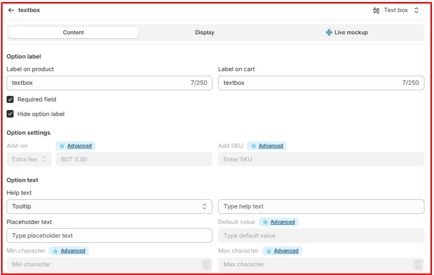OPTIS text box Content settings with labels on product and cart, required and hide label checkboxes, and Add-on, SKU, default value, and character limit settings marked Advanced