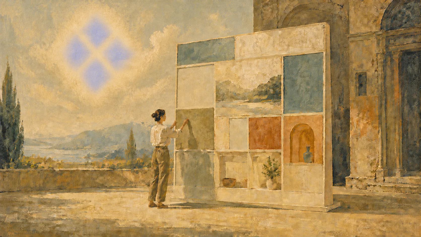 A painterly page-building scene beneath a recognizable diamond-tile formation in the sky