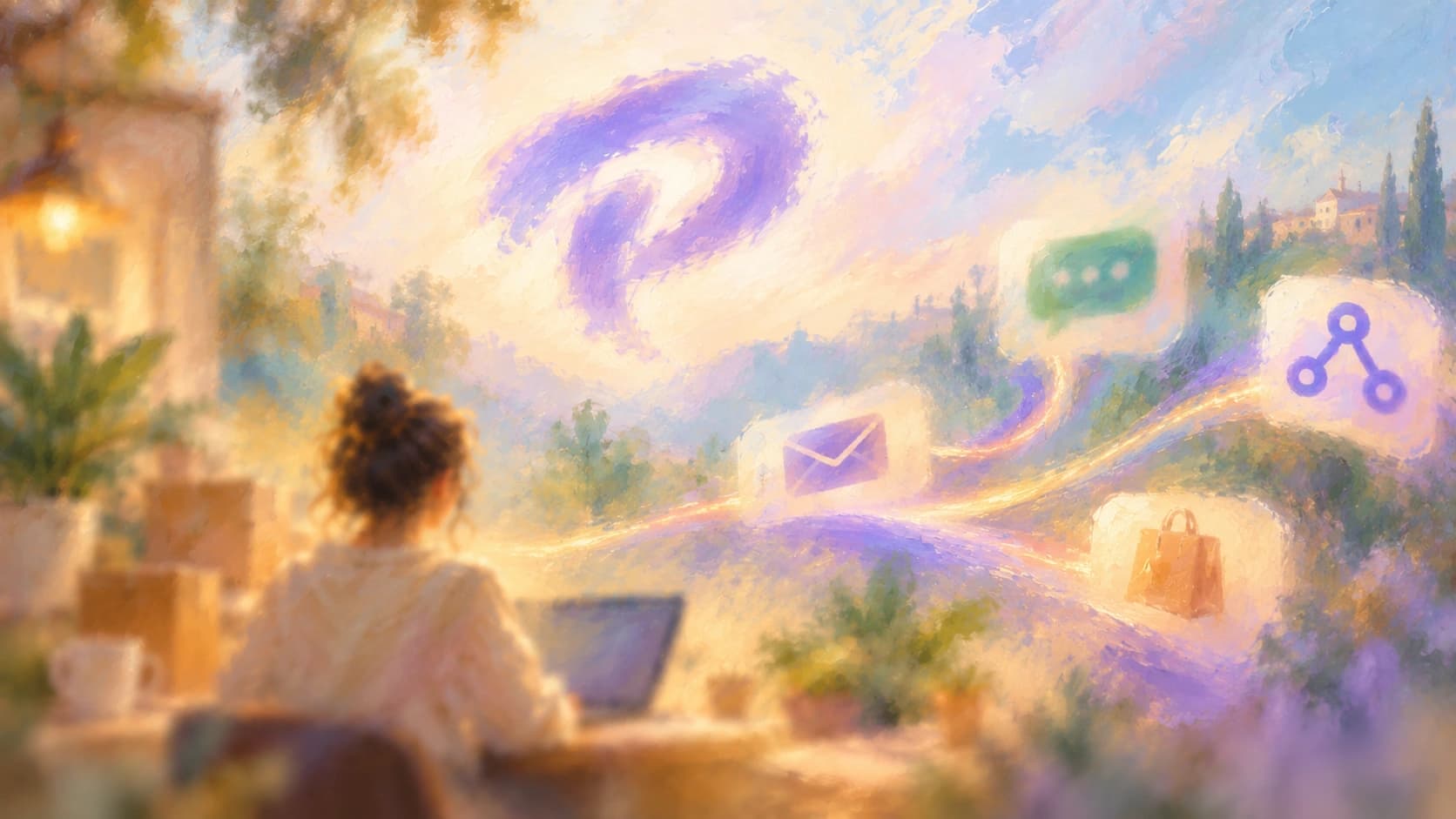 A soft impressionist painting of a merchant using connected ecommerce marketing tools beneath a blurred Privy-inspired sky emblem.