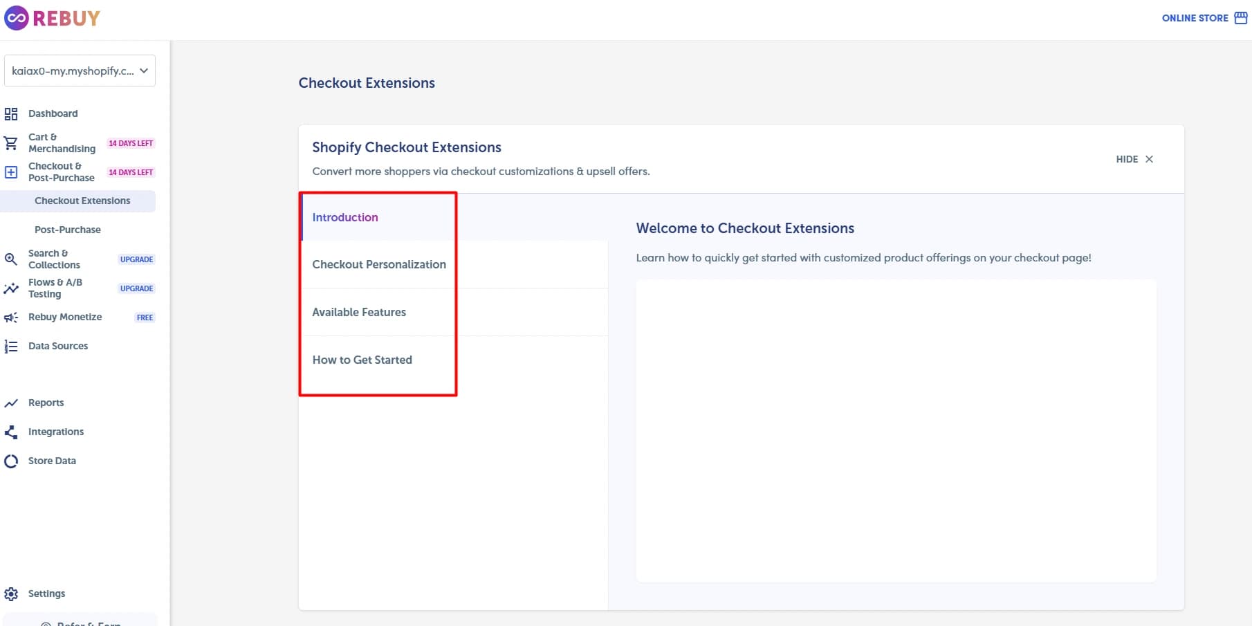 Rebuy Checkout Extensions onboarding screen