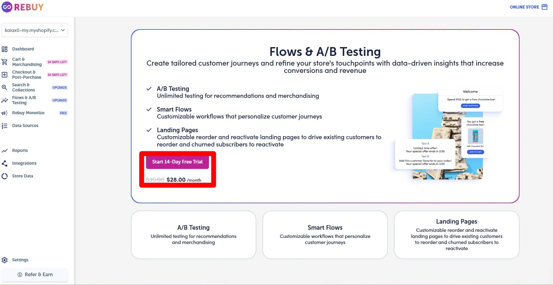 Rebuy Flows and A/B Testing feature screen