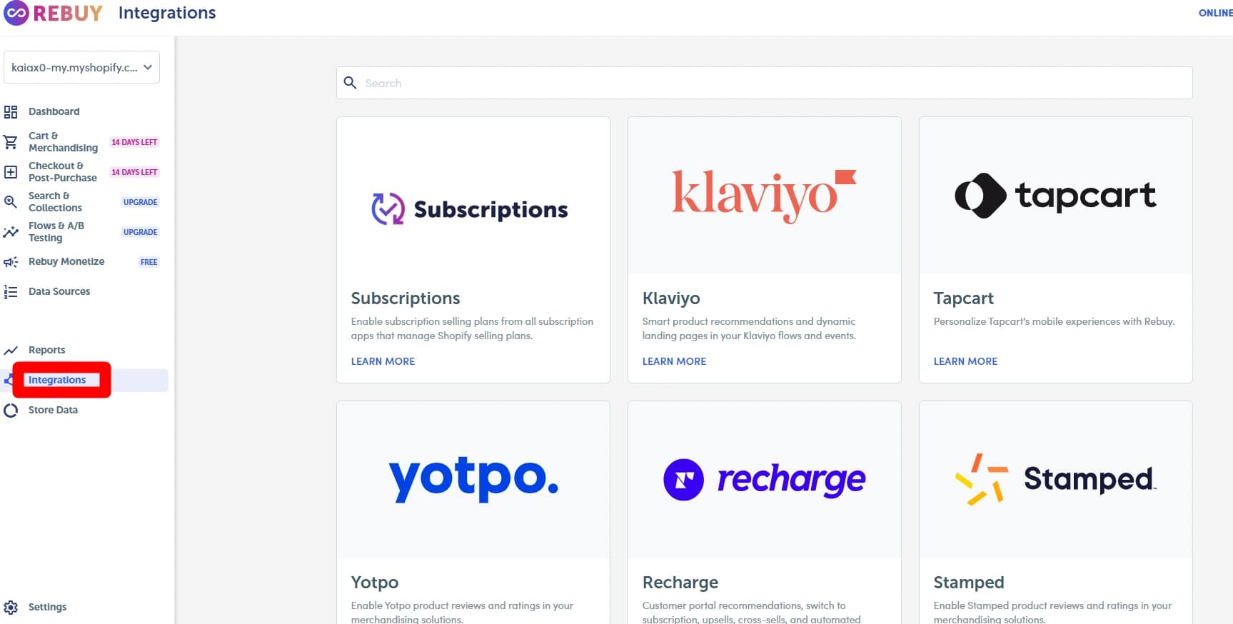 Rebuy integrations dashboard with ecommerce app connections