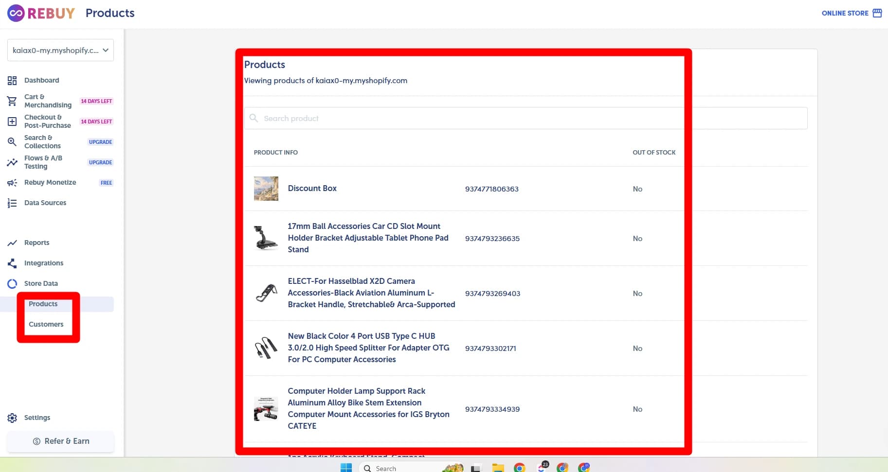 Rebuy Store Data product list synced from Shopify