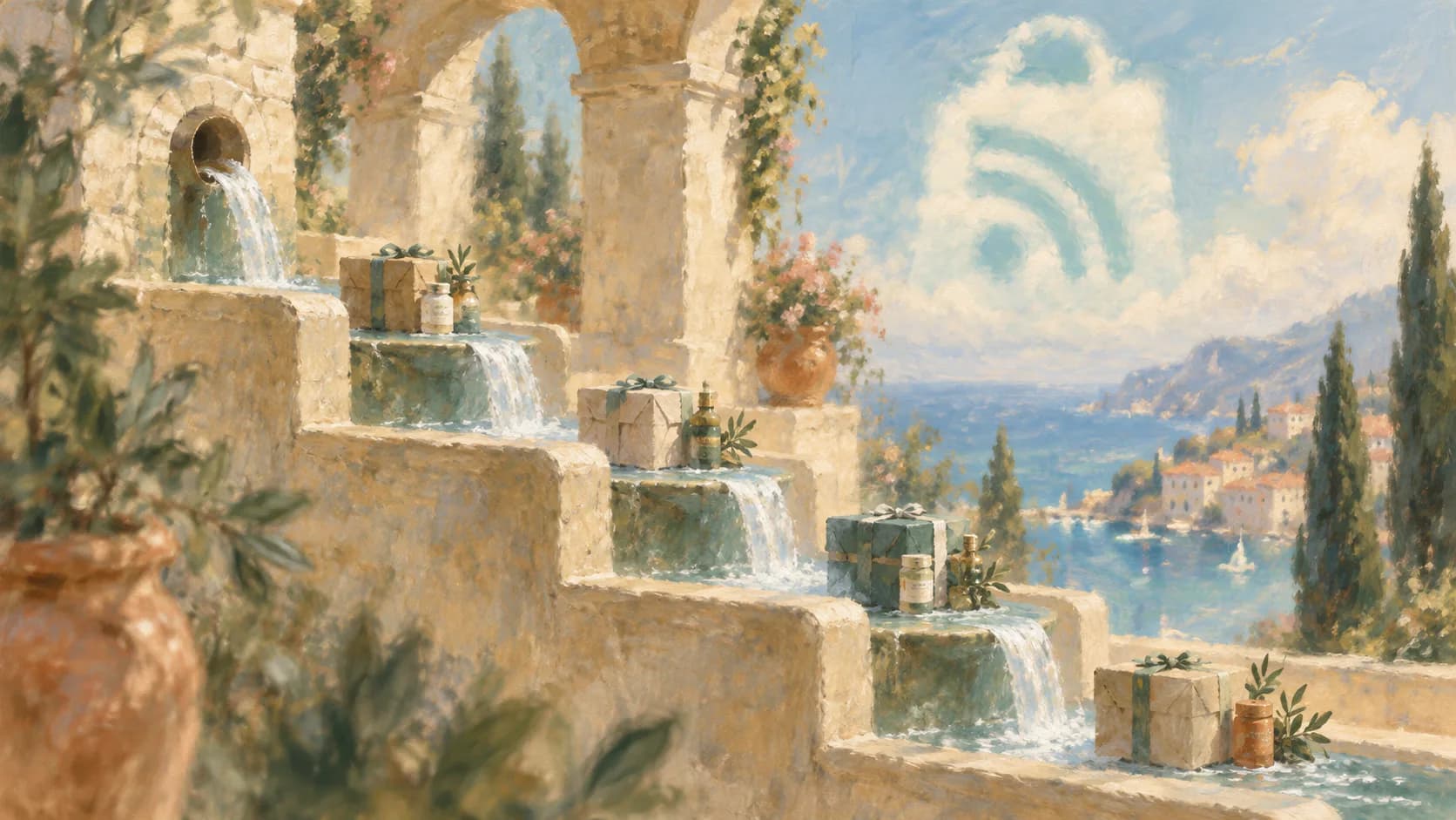 Wrapped parcels and small bottles resting on tiered stone fountain steps above a Mediterranean harbour, beneath a cloud shaped like a green shopping-bag emblem
