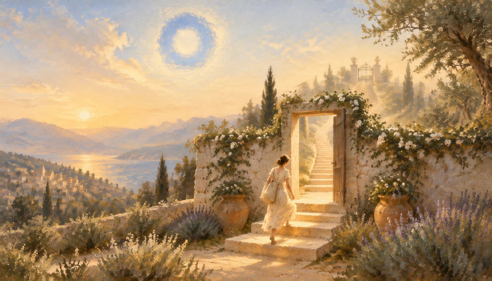 A painterly shopper climbing a short staircase of three glowing steps toward a lit doorway beneath a soft indigo ring-shaped sky emblem