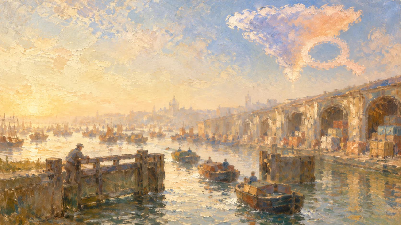 A soft vintage oil painting of a lock keeper leaning on a wooden canal gate as a short line of small boats glides toward arched harbour warehouses stacked with crates, while many more boats crowd the hazy water upstream under a golden sky with a periwinkle-to-apricot cloud shaped like a funnel and magnifying glass.