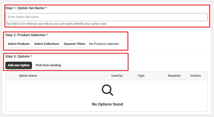 SC Product Options Create Option Set screen with Step 1 Option Set Name, Step 2 Product Selection with Select Products, Select Collections, and Dynamic Filters, and Step 3 Options with Add new Option and Pick from existing