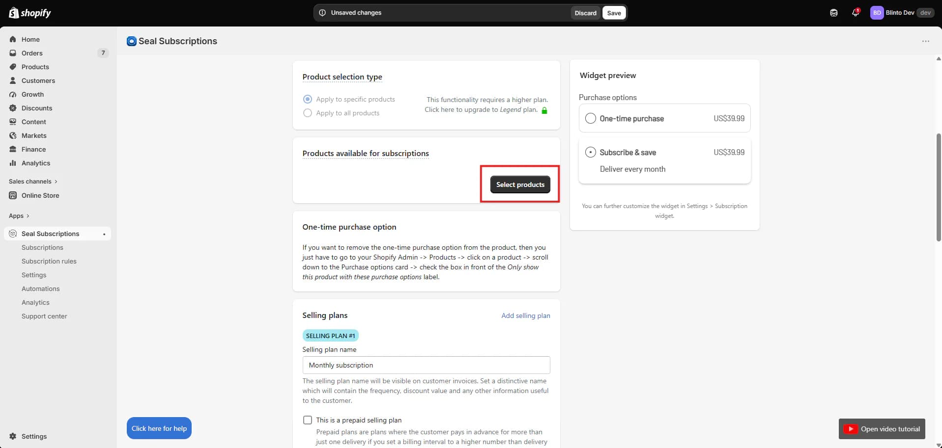 Seal Subscriptions rule editor with Apply to all products locked and a note that it requires an upgrade to the Legend plan, next to a live widget preview