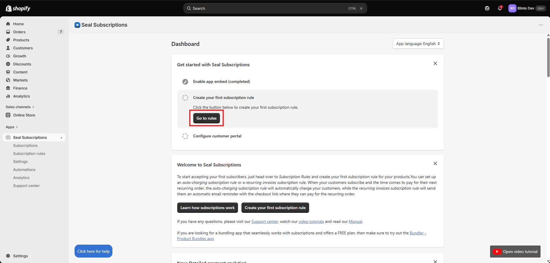 Seal Subscriptions dashboard in the Shopify admin, with a get-started checklist showing the app embed enabled and steps to create a subscription rule and configure the customer portal