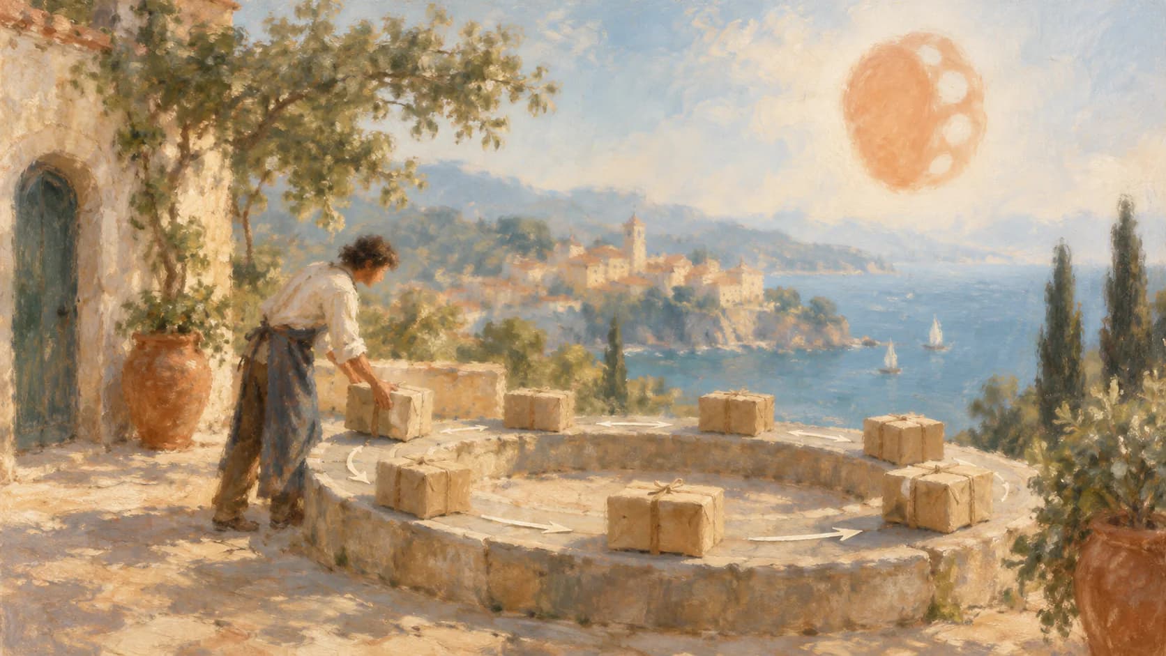 A shopkeeper arranging parcels in a circle on a sunlit stone terrace above a coastal village, beneath a soft peach sky emblem