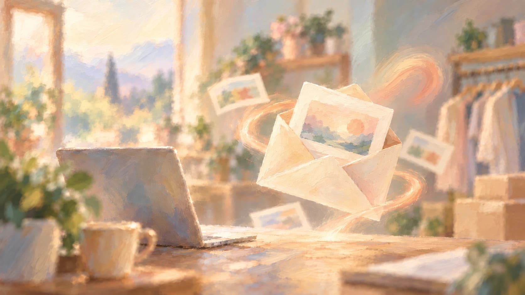 A soft impressionist email-marketing scene with a glowing envelope and floating message cards.