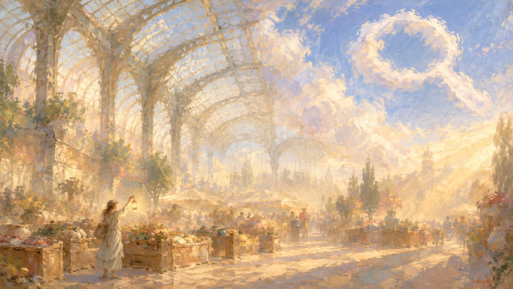 A soft vintage oil painting of a woman in a white dress raising a lantern beside wooden crates of flowers in a sunlit glass-roofed market hall, with stalls and shoppers fading into golden haze and a magnifying-glass-shaped cloud drifting in a blue sky.