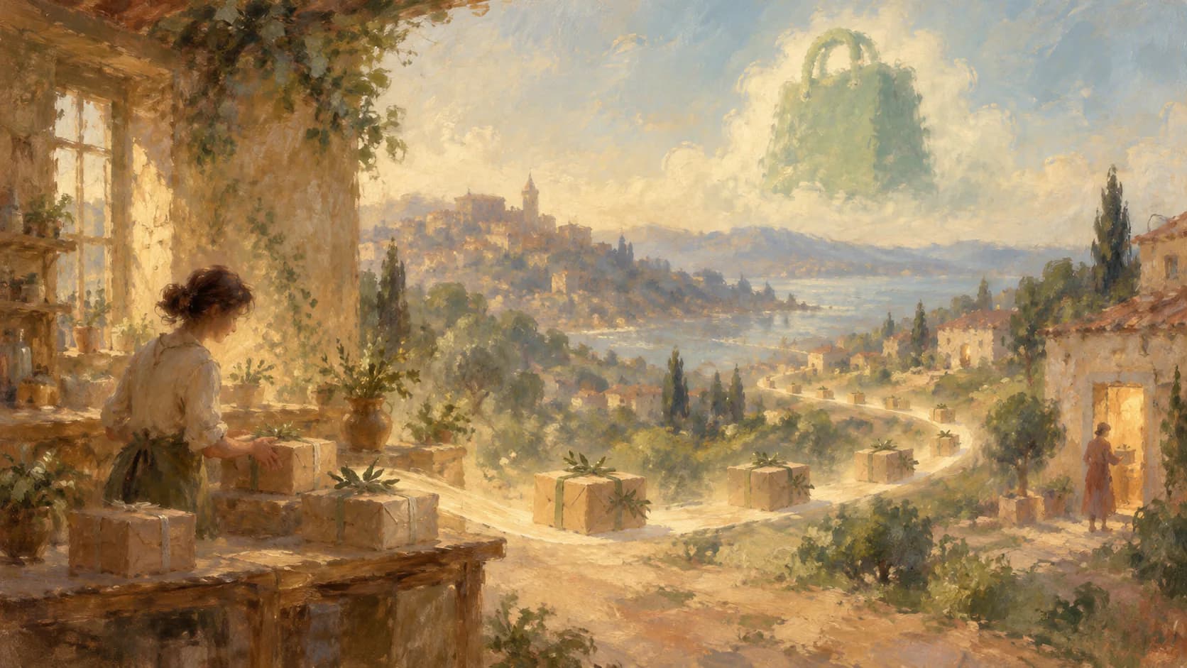 Oil painting of a woman wrapping parcels at a sunlit window as boxes travel along a glowing path through Mediterranean hills to a doorway, beneath a soft green cloud shaped like a shopping bag