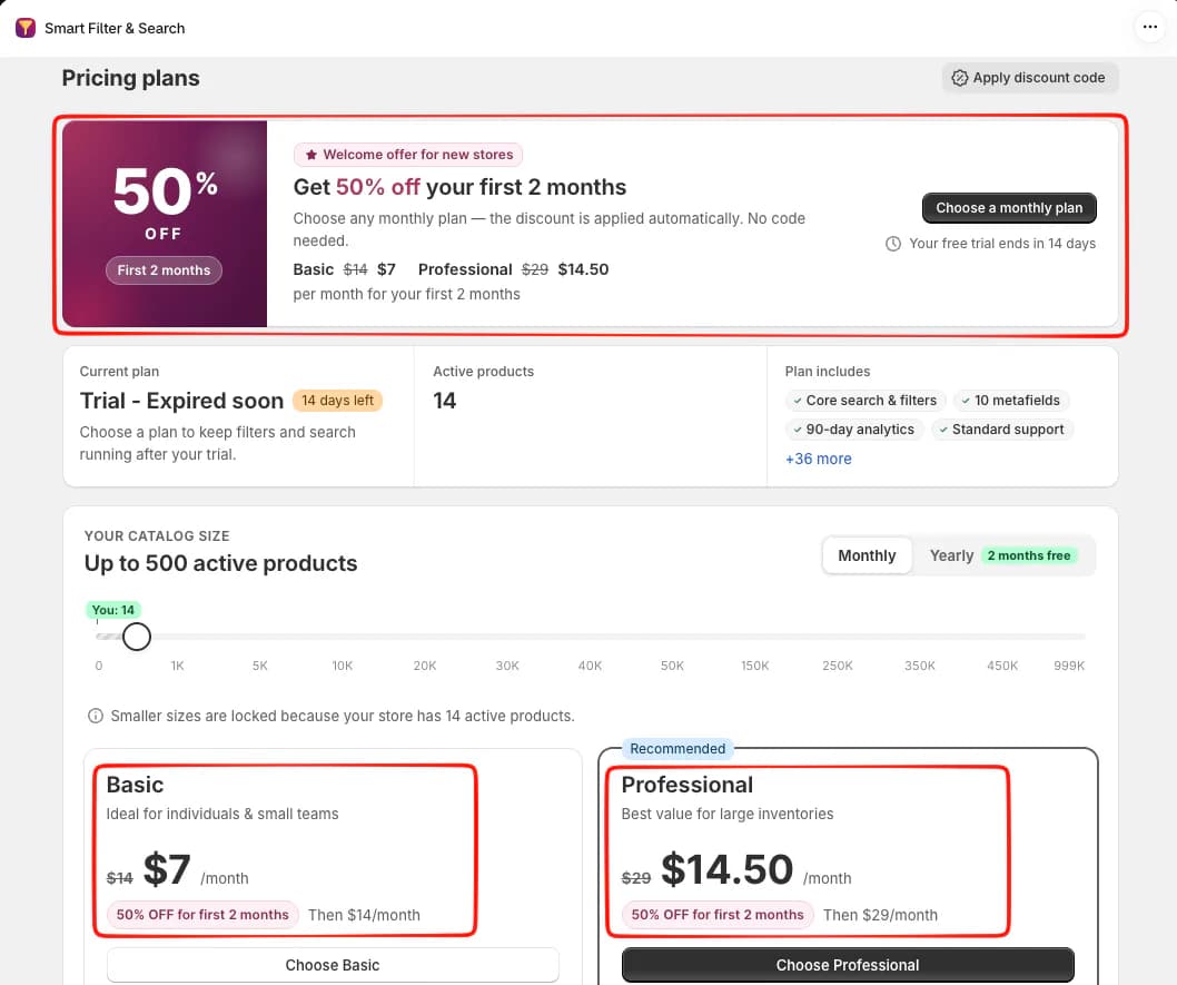 Smart Filter & Search Pricing plans page with a 50% off first 2 months welcome offer, a catalog size slider set to up to 500 active products, and Basic at $14 and Professional at $29 per month