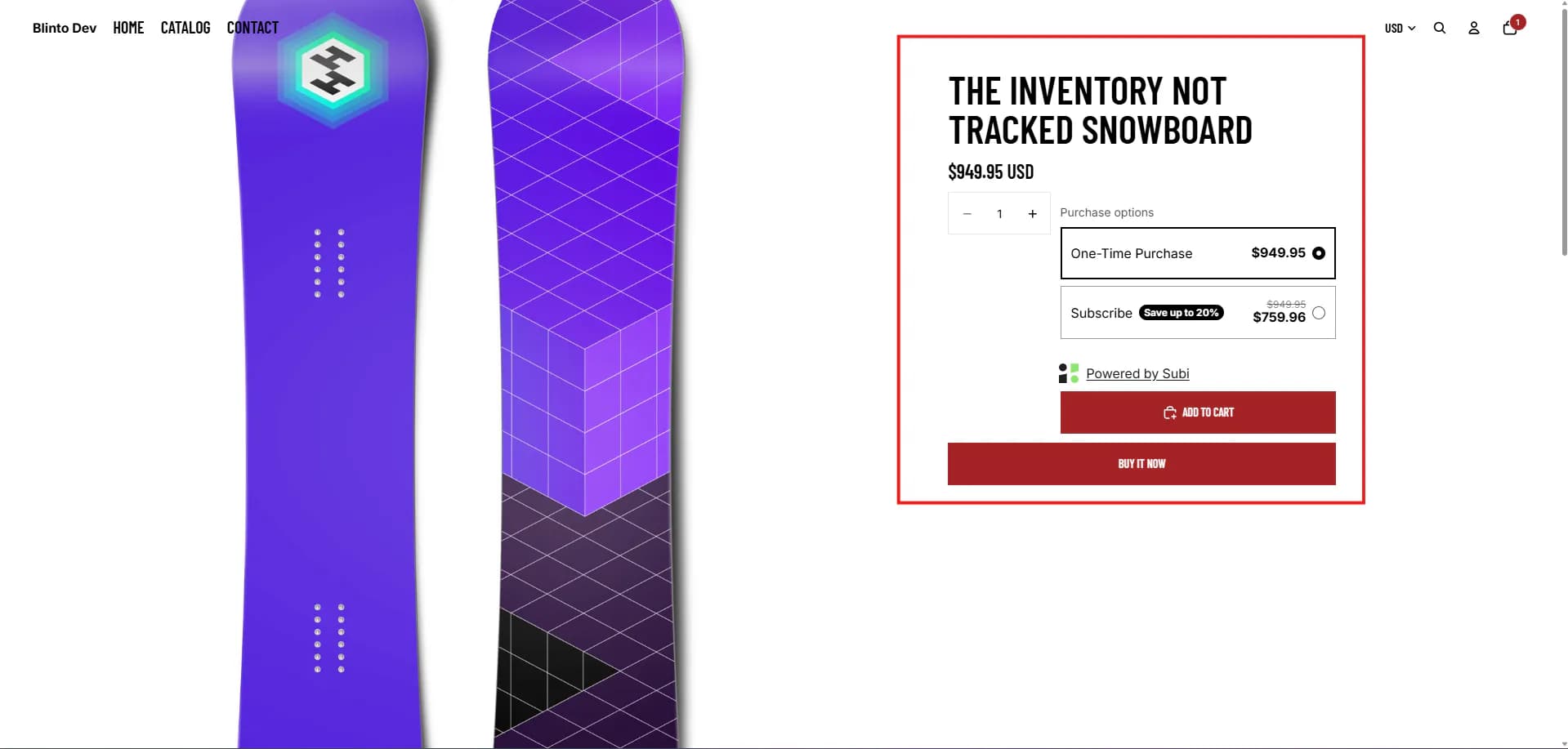 A product page on the Blinto Dev storefront showing Subi's purchase options: One-Time Purchase at $949.95 and Subscribe with a Save up to 20% badge at $759.96