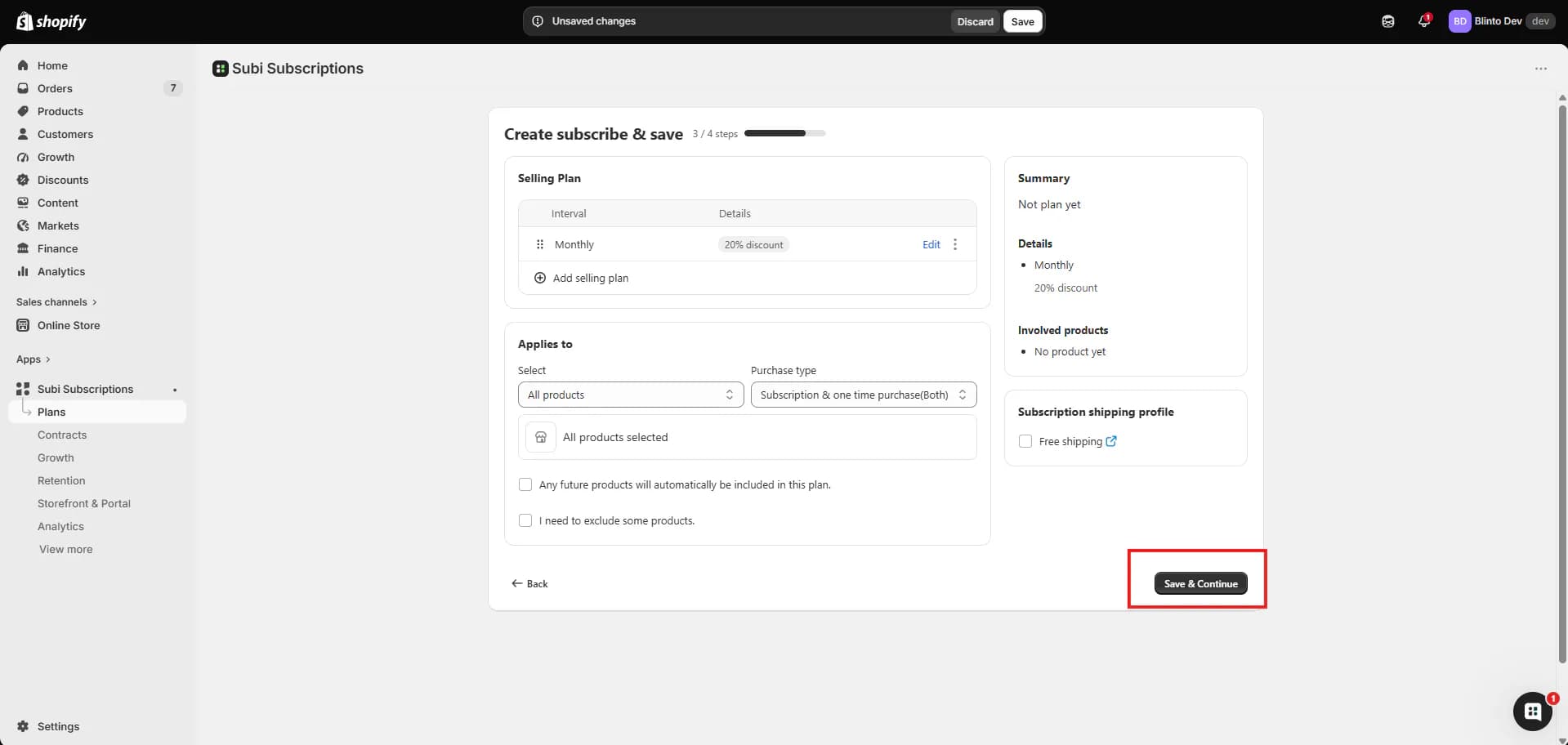 Subi's Create subscribe & save builder in the Shopify admin, with a monthly 20% discount plan applied to all products and the Subi menu on the left