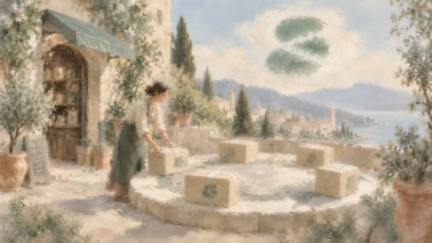 A shopkeeper arranging parcels in a circle on a sunlit stone terrace above a coastal village, beneath a soft green sky emblem