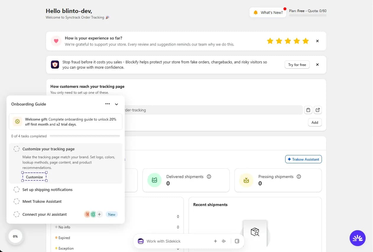Synctrack dashboard showing the Free plan with a 0 of 60 order quota, a tracking page URL, delivered and pressing shipment counts, and the Onboarding Guide with four setup tasks and a welcome gift offer