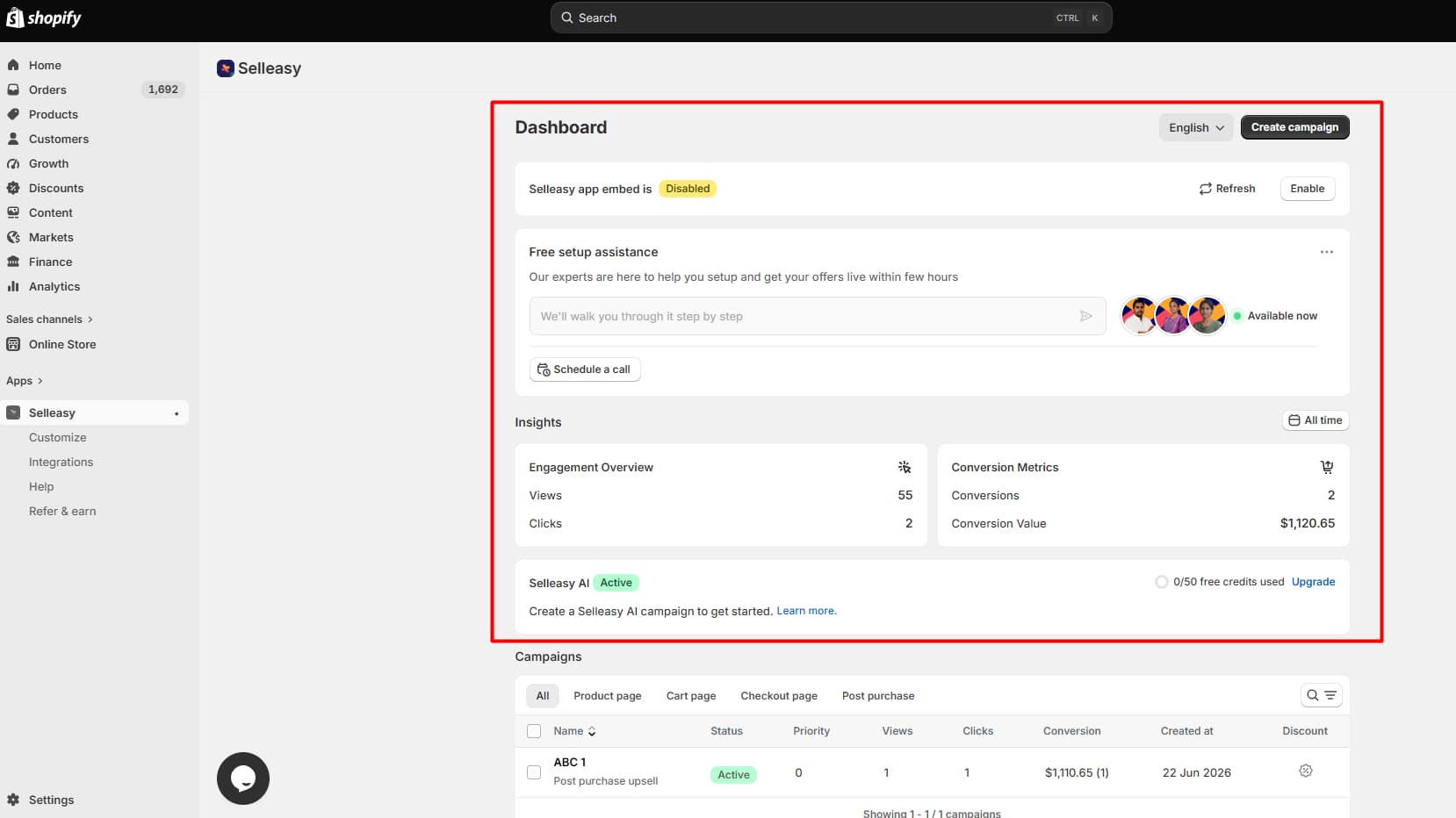 Selleasy dashboard and campaign overview