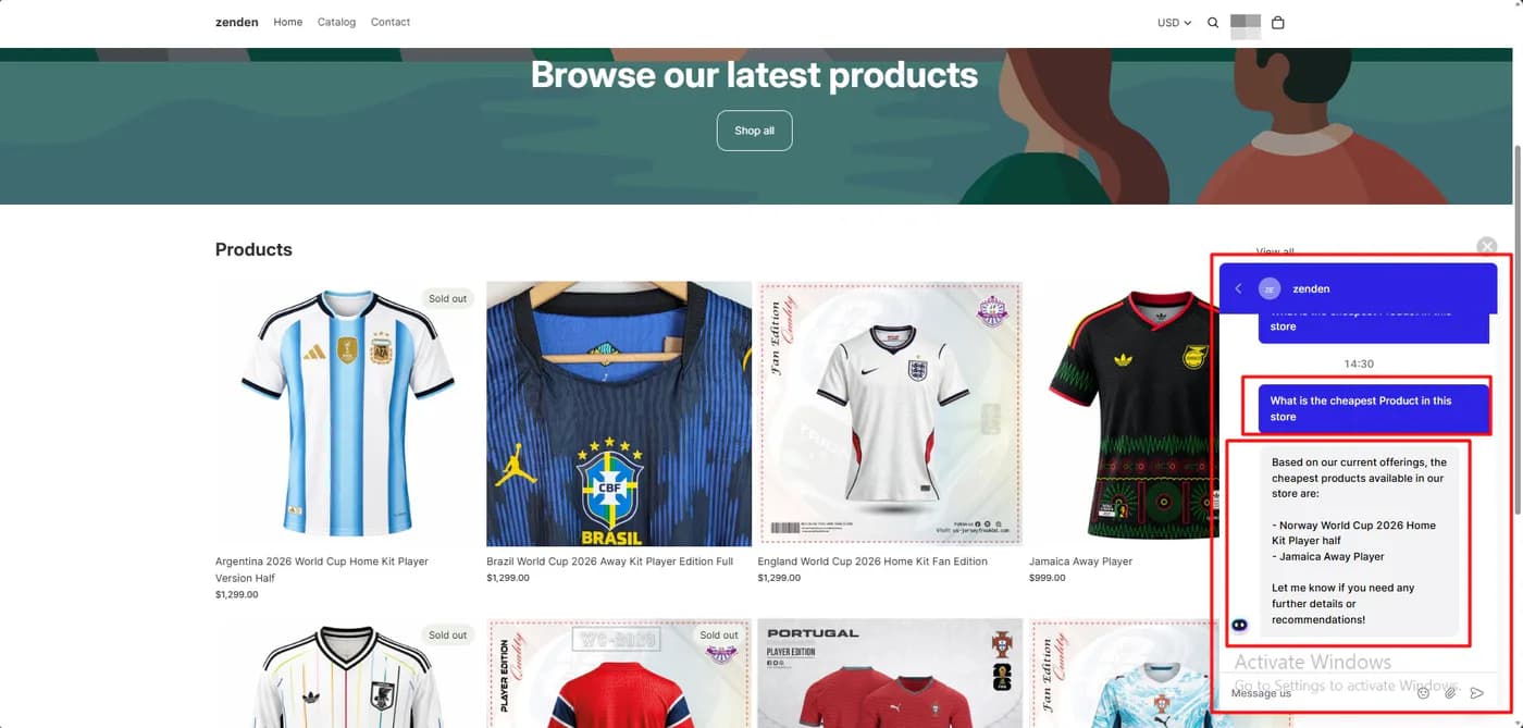 Willdesk storefront chat answering the cheapest product question by naming two products without prices, beside a product grid showing items at 1,299 and 999 dollars