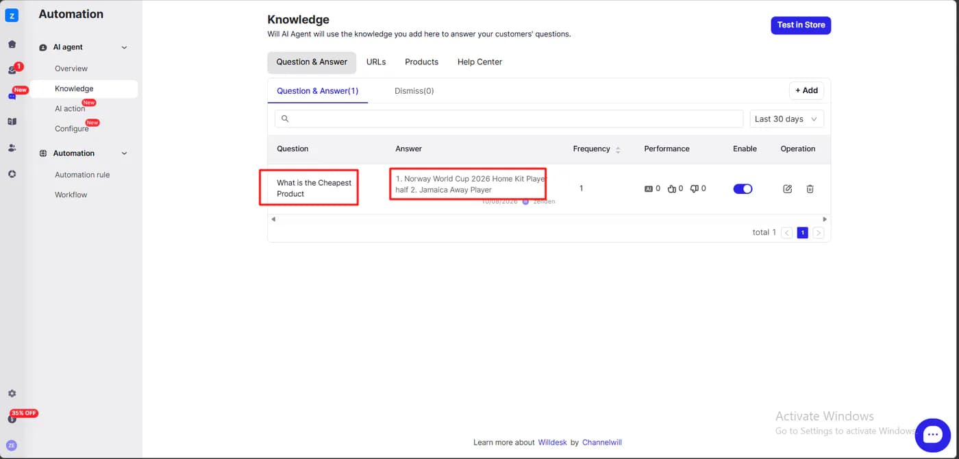 Willdesk AI agent knowledge screen showing a single question and answer entry for the cheapest product, listing two product names