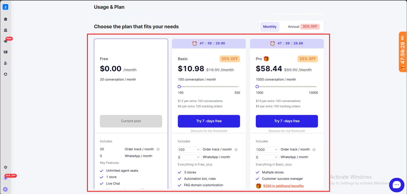 Willdesk in-app usage and plan screen showing a free plan with 20 conversations, a Basic plan discounted from 16.90 to 10.98 and a Pro plan discounted from 89.90 to 58.44, both under a 48-hour countdown timer