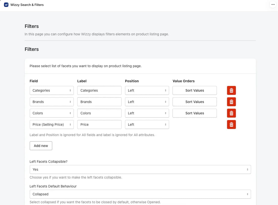 Wizzy Filters page listing four left-side facets for Categories, Brands, Colors and Price with label, position and Sort Values controls, an Add new button, and settings that make left facets collapsible and collapsed by default
